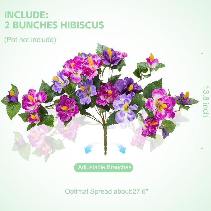 INXUGAO Artificial Flowers for Outdoors Indoors,2 Big Bunches Fake Hibiscus with Realistic UV Resistant Silk Flower Fabric Leaves,Faux Plants Outside for Patio Garden Yard Poch Decor (Purple,Fuchsia)