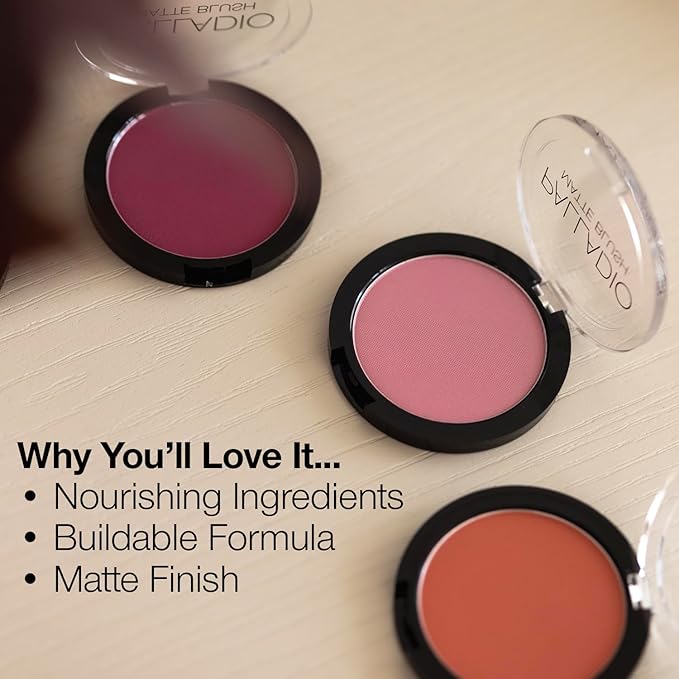 Palladio Matte Blush, Brushes onto Cheeks Smoothly, Soft Matte Look and Even Finish, Flawless Velvety Coverage, Effortless Blending Makeup, Flatters the Face, Convenient Compact, Velvetine