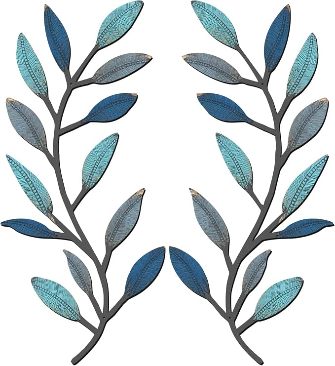 Zhengmy 2 Pcs Metal Leaf Wall Art Vine Branch Decor,Vintage Blue | Olive Branch Metal Decor for Living Room Hallway, Symmetrical Leaf Pair for Doorway Entryway, Lightweight Hanging Art Design