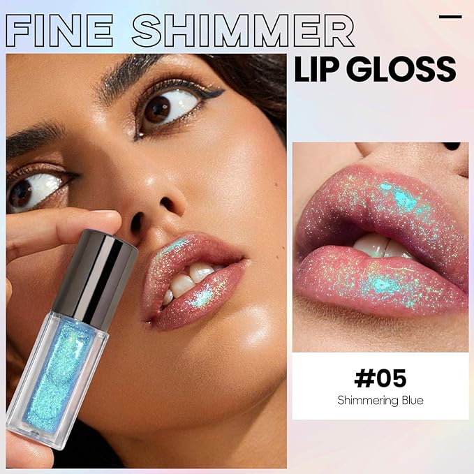 Blue Green Glitter Lip Gloss Liquid Lipstick, Moisturizing Holographic Multichrome Shimmer Tinted Lips Stain Oil Diamond Metallic Lip Gloss, Long Lasting High-Shine Glimmer Lips Makeup05
