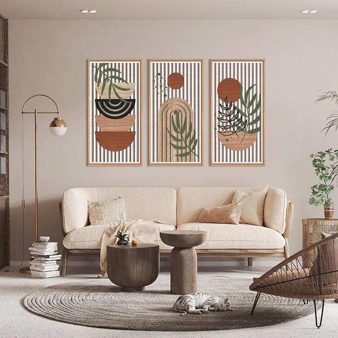 IARTTOP Large Boho Wood Wall Art Framed 16x32 Inch Mid Century Modern Wooden Wall Decor Abstract Bohemian Minimalist Art Decor for Bedroom Living Room Office Set of 3