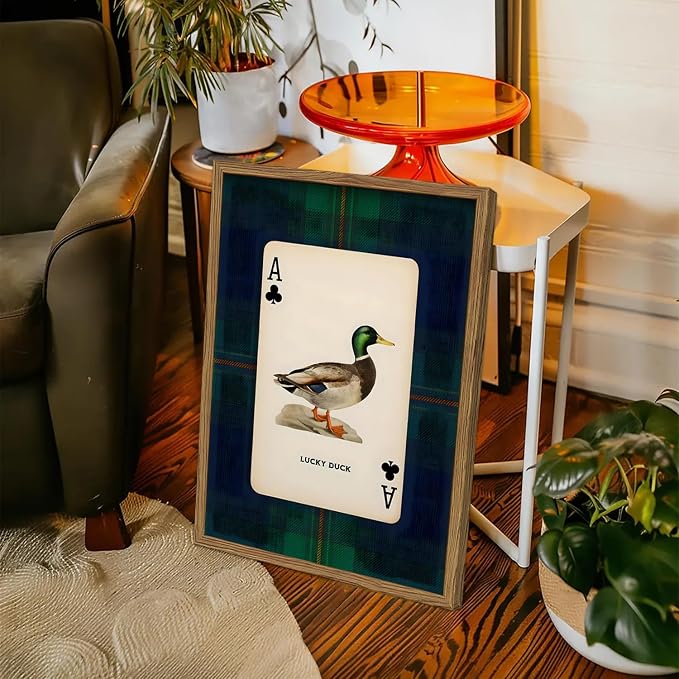Vintage Mallard Duck Wall Art Cottage Core Hunting Lucky Duck Wall Decor Picture Dark Wildlife Playing Card Poster Canvas Print Painting for Farmhouse Bedroom Living Room 16x24 inch Wood Framed