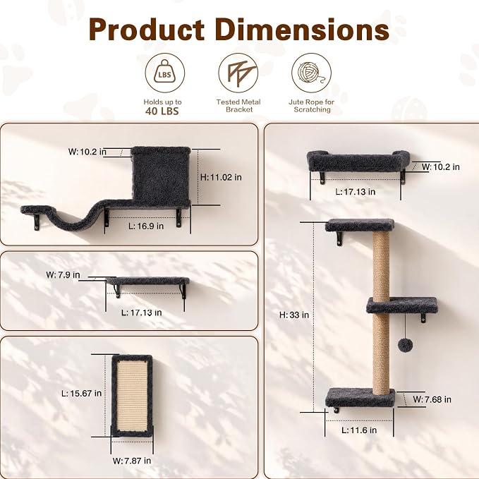 Cat Wall Shelves 6-in-1 Wall Mounted Cat Furniture 40 lbs, Dark Grey | Natural Wood, Bed & Cave & Scratching Post, 40 lbs for Large Cats, Space-Saving, for Living Room & Window