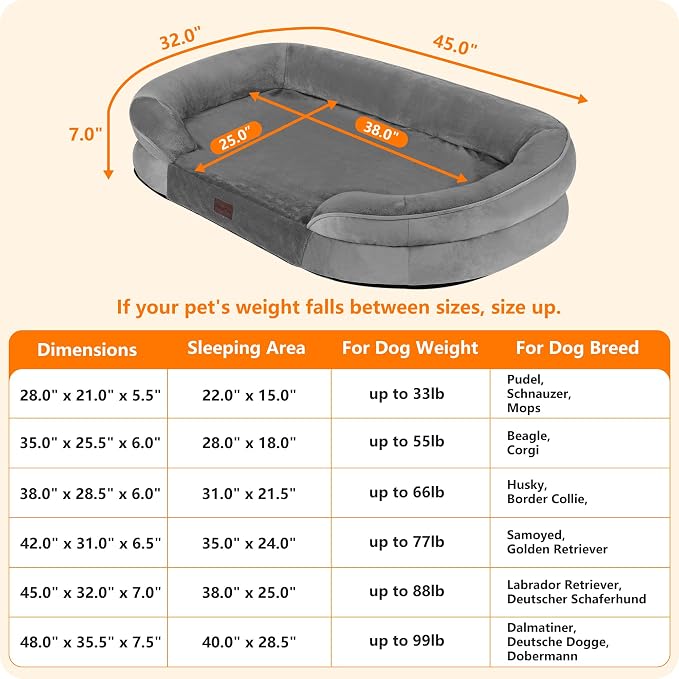 Dwanton Orthopedic Waterproof X-Large Dog Bed Sofa, Gel Memory Foam, 45" | Egg-Crate Foam Dog Sofa, Washable Pet Bed with Four Sided Bolster Cushion, Removable Cover & Non-Slip Bottom, Medium Grey