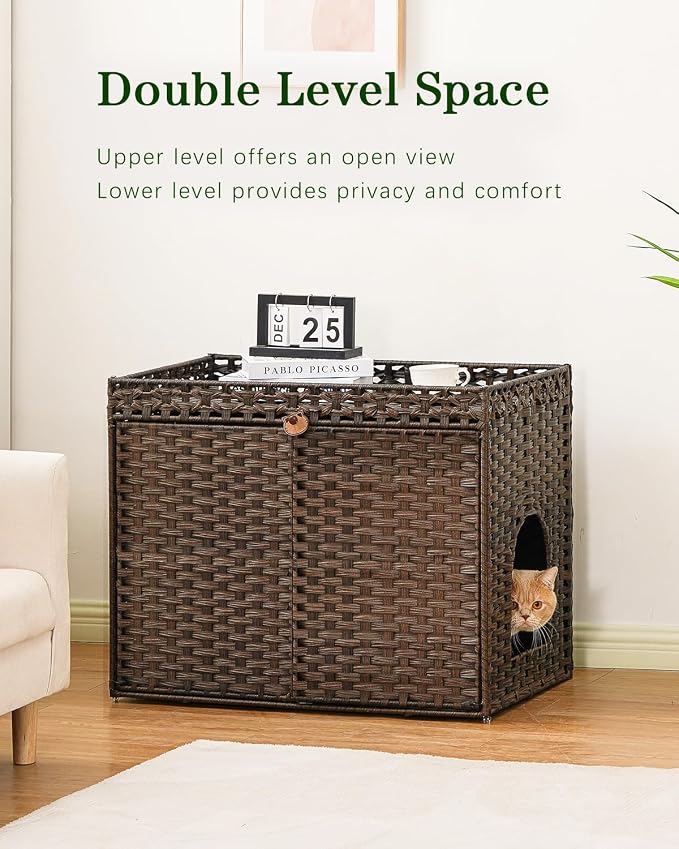 SETVSON Cat Litter Box Enclosure Furniture, Handwoven PE Rattan, Brown | Large Double-Door PE Rattan Kitty House, Fits Large Covered Litter Boxes, 2 Litter Mats, 2 S-Hooks, Metal Frame