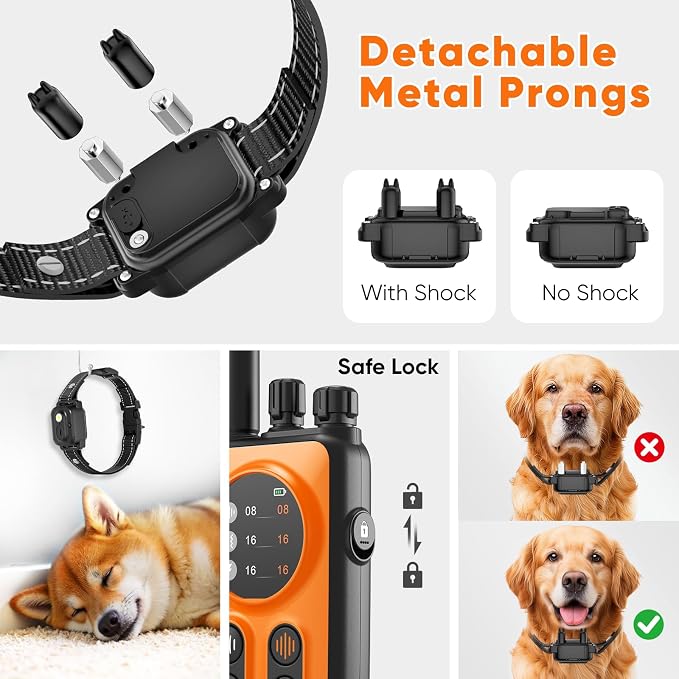 Dog Shock Collar 2 Dogs, 3300ft Dog Training Collar with Remote, Real-time Dual-Channel Remote with 3 Training Modes, Beep, Vibration, Safety Shock, Light, Fits 8-120 lbs All Breeds Sizes - Orange