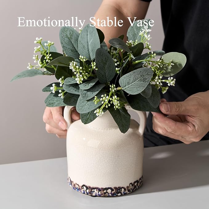 Emotionally Grounded Vase, Vaseking Ceramic Rustic Vase with 2 Handles, 5.83 inch Minimalist Decorative Farmhouse Vases for Home Decor, Living Room, Enterway, Table Decoration, White