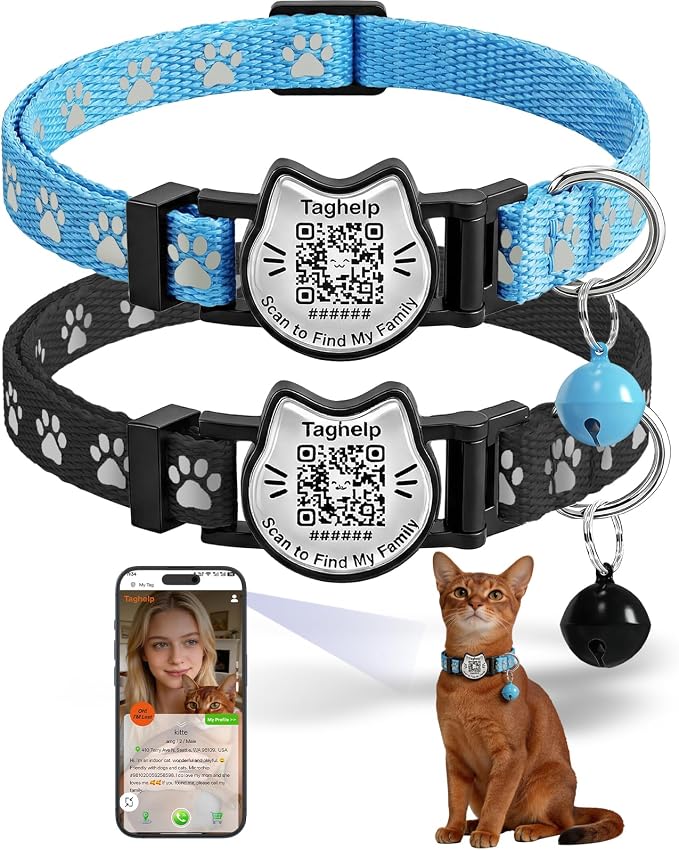 Breakaway Cat Collar with QR Code Tag and Bell (Black & Blue) | Reflective Nylon, Quick-Release Buckle