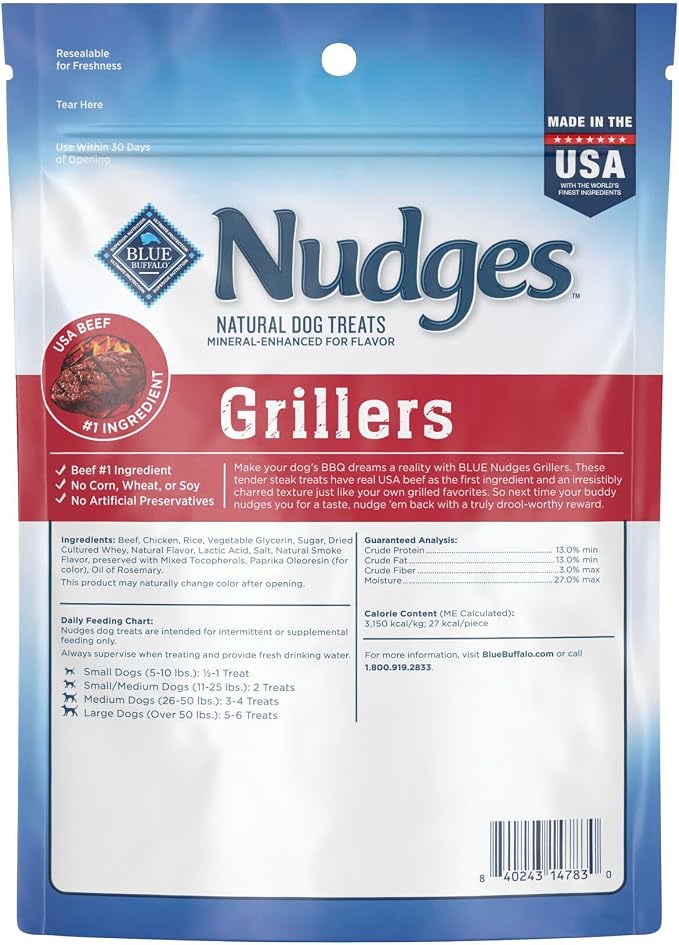 Blue Buffalo Nudges Grillers Steak Dog Treats, 5 oz | Real Beef First, Oven-Dried, Easy to Tear, For All Breed Sizes, No Artificial Preservatives