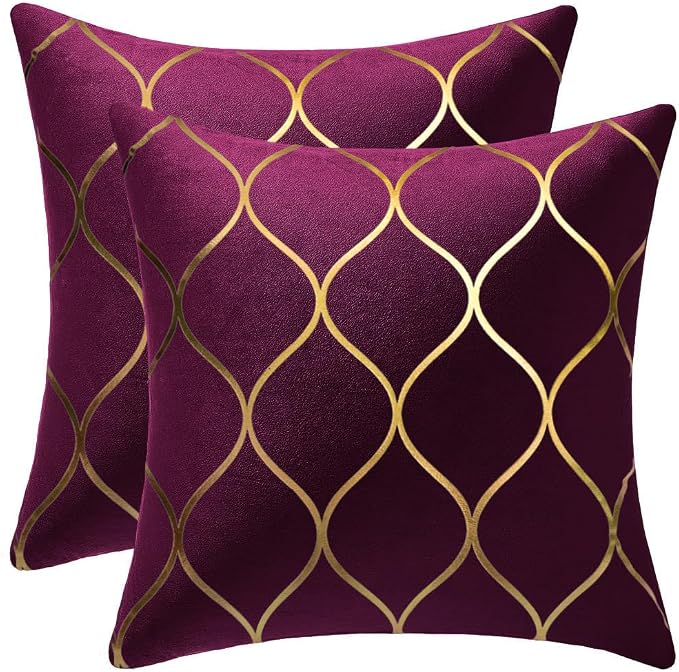 Gold Velvet Throw Pillow Covers Purple: 2 Pack 18x18 Inch Square Decorative Pillow Cases for Bedroom Sofa Couch Living Room