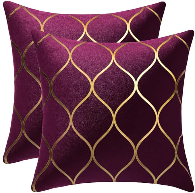 Gold Velvet Throw Pillow Covers Purple: 2 Pack 22x22 Inch Square Decorative Pillow Cases for Bedroom Sofa Couch Living Room