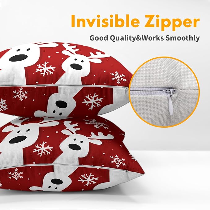 Kawani Christmas Reindeer Pillow Covers 18x18 Inches, Set of 2 Red Xmas Deers Snowflakes Cotton Linen Decorative Throw Pillowcase Cushion Cover for Sofa Couch Bedroom Indoor Outdoor