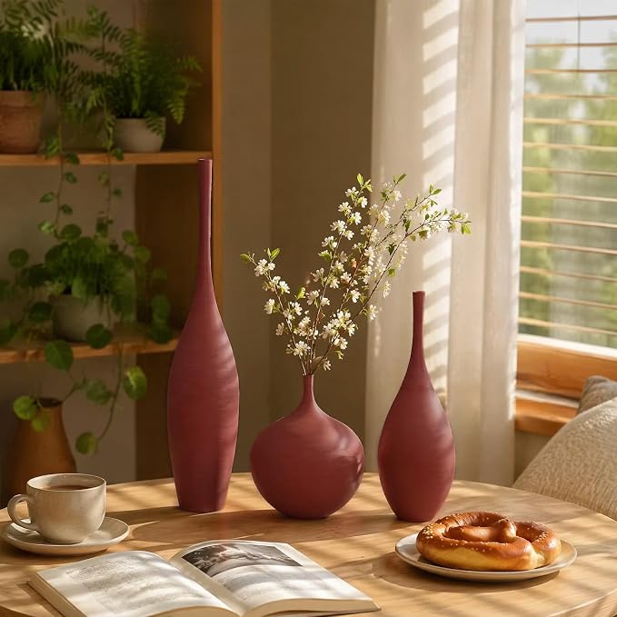 Ceramic Vases Set of 3, Modern Boho Vases for Centerpiece Decor, Matte Burgundy Minimalist Decorative Vases for Home Decor, Living Room, Bookshelf, and Entryway Table Decor