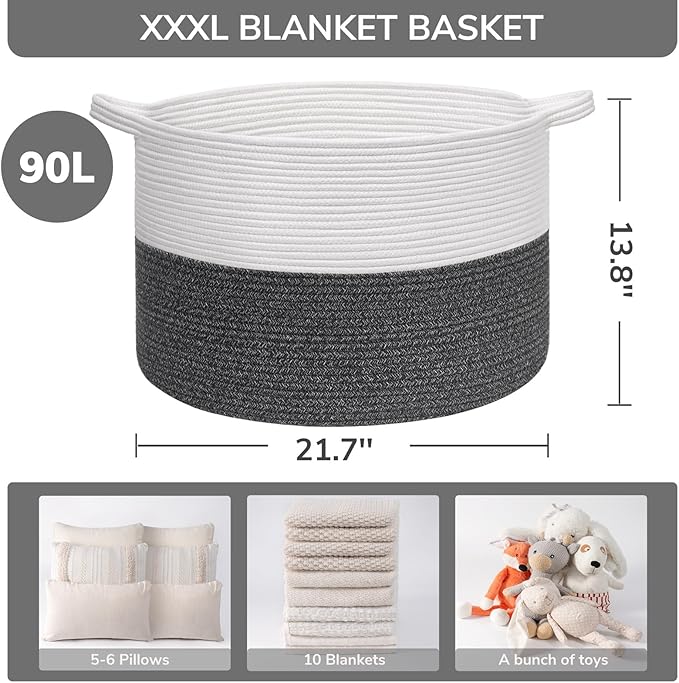 INDRESSME XXXLarge Woven Rope Blanket Basket Living Room, 90L | 21.7" x 13.8" Storage baskets for toys laundry & pillows. Fits living room, bedroom or nursery décor. Soft-touch with handles