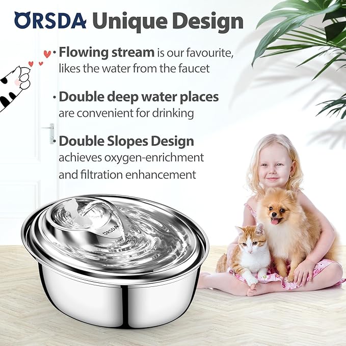 ORSDA Cat Water Fountain Stainless Steel, 3L Automatic Pet Drinking Fountain for Cats Inside, Dog Water Dispenser with Adjustable Water Flow and 6 Replacement Filters for Cats, Dogs (D60)