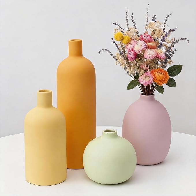 Macaron Ceramic Vase Set of 4, Modern Colors Home Decor, Rustic Farmhouse Decorative Flowers Vases for Bouquet, Pampas | Table Mantel Centerpiece Bookshelf Living Room Bedroom (Rustic Mix Set of 4)