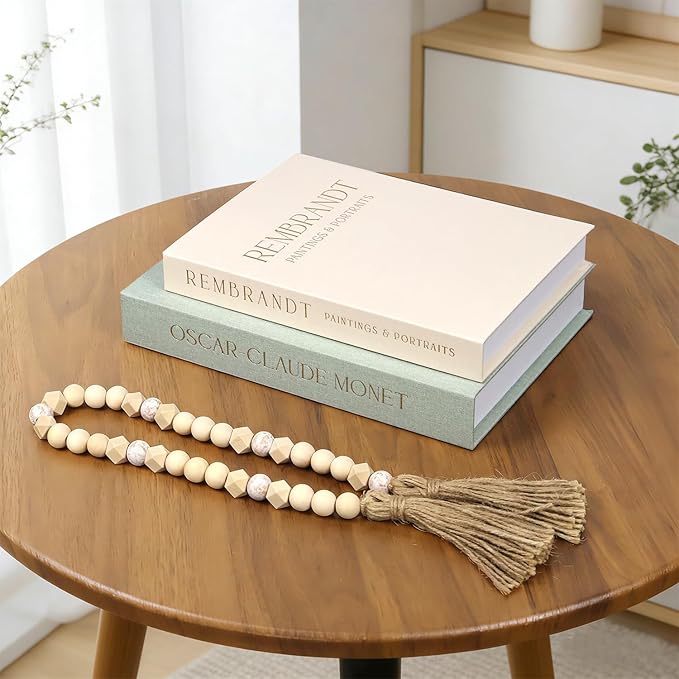Decorative Books, Coffee Table Decor, 2 Linen Faux/Fake Books with Farmhouse Beads for Home Decor, Bookself, Entryway, Mordern Room Decor Aesthetic (Sage Green + Beige)