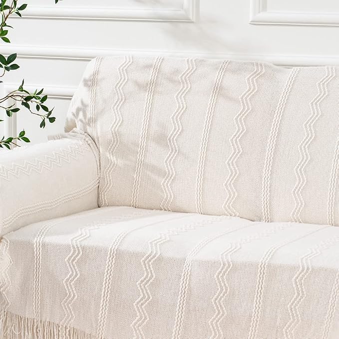 BATTILO HOME Cream Throw Blanket for Couch, Bedroom Decor Boho Throw Blanket, Decorative White Blanket Throw for Sofa Living Room, 50"x60"