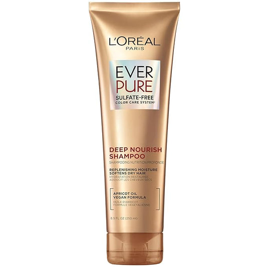 L'Oreal Paris Shampoo,Sulfate Free,Triple Action Hydration for Dry Hair,EverPure,8.5 Fl Oz (Packaging May Vary),Damaged,Color-Treated Hair,Apricot Oil Infused,Deep Nourish,(Pack of 36)