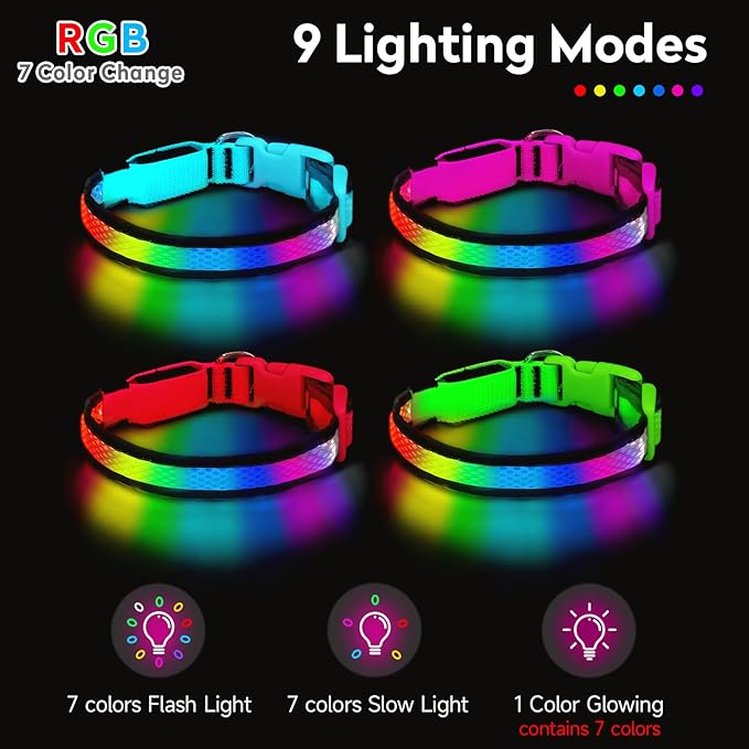 LED Dog Collar, Light Up Dog Collar,for Night Walking(Small,Pink) | Adjustable,Bright RGB 7 Colors Light Glowing Collar,Waterproof,Nylon,Soft,For Small and Medium Dogs,USB C to Charge