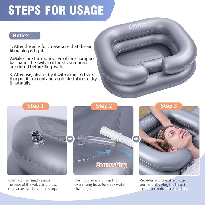 Inflatable Shampoo Basin - Portable Shampoo Bowl, Hair Washing Basin for Bedridden, Disabled,Injured, Hair Wash Tub for Dreadlocks and at Home Sink Washing (Silver)