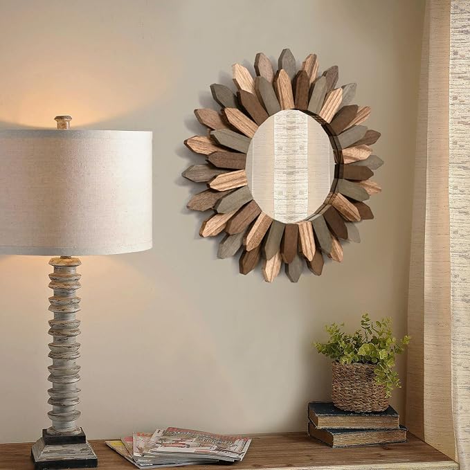 Boho Wall Decor 12 inch Decorative Mirror with Rustic Wood Sunburst Frame, Perfect for Bedroom, Living Room, Bathroom, Kitchen