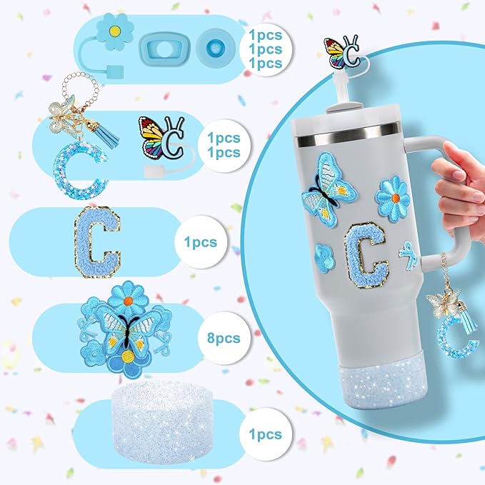 15PCS Cup Accessories Set for Stanley Cup 30oz 40oz Tumbler with Handle, Including Silicone Straw Cover and Boot, Spill Proof Stopper, Stanley Charms, Handle Charm, Initials Sticker