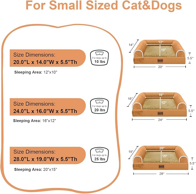 Orthopedic Dog Bed for Small Dogs, 24 x 16 Inch, Orange | Egg crate foam for joint support, 3-sided bolster pet sofa, waterproof lining, washable cover, and non-skid base