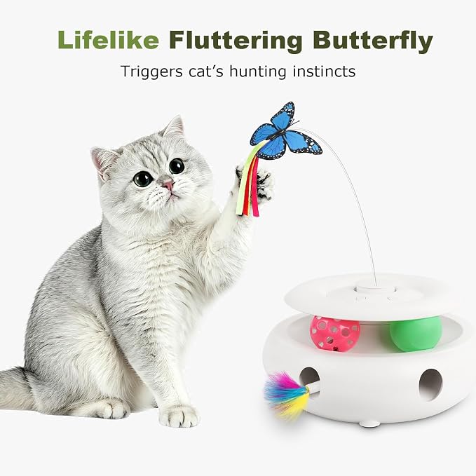 Cat Toys for Indoor Cats, 3-in-1 Interactive Cat Toy Automatic Kitten Toys with Fluttering Butterfly, Ambush Feather and Track Balls, Smart Sensor Wake-Up,USB Powered, Exercise & Boredom Relief