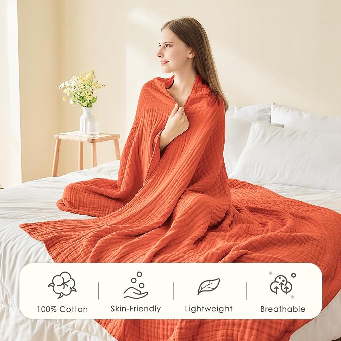 EMME Cotton Muslin Queen Blanket Bed Layering Bedspread Coverlet Breathable Gauze Soft Lightweight Adults (Heather Orange Rust, 90"x90")