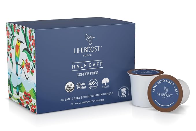 Lifeboost Half Caff Coffee K Cups - Low Acid Half Caff Coffee Pods - Non-GMO Mold Free Pods Compatible with Keurig & Keurig 2 - Third Party Tested for Mycotoxins and Pesticides - 10 Count
