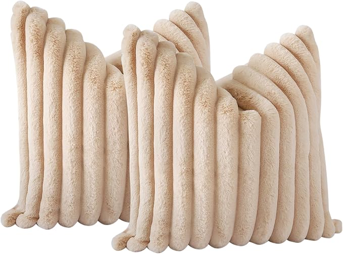 Soleebee Set of 2 Throw Pillow Covers Soft Cozy Velvet Pillowcase Faux Rabbit Fur Cover for Couch Sofa Bed Chair Home Decorative Pillows Cover (18x18 Inch, Camel)