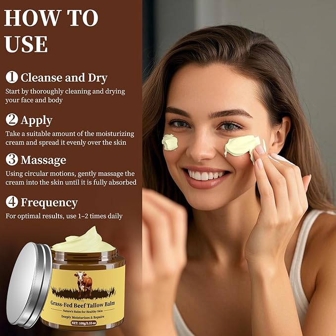 Oebitor Beef Tallow for Skin, Tallow and Honey Balm, Facial Moisturizer Cream, 100% Organic Grass Fed Whipped Beef Tallow Balm Deeply Moisturizing for Face & Body, Suitable For All Skin Types(3.53oz)