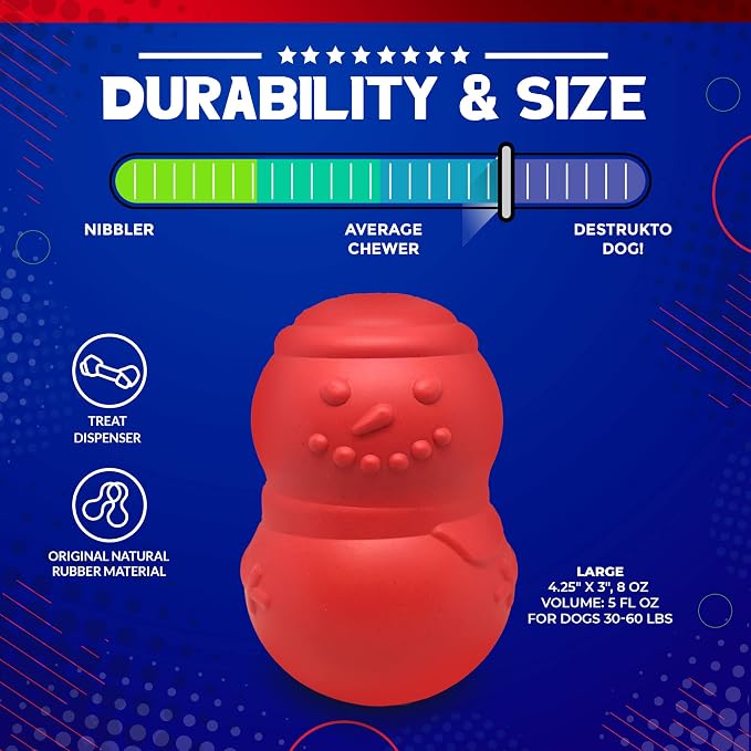 SodaPup MuttsKickButt Snowman – Durable Dog Treat Dispenser & Chew Toy Made in USA from Non-Toxic, Pet Safe, Food Safe Natural Rubber for Mental Stimulation, Problem Chewing, Calming Nerves & More