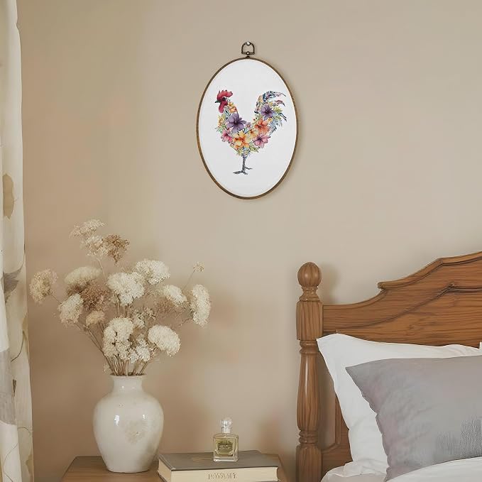 LKETW Floral Chicken Oval Wall Art Decor, Rustic Cottagecore Flower Chicken Oval Canvas Hanging Decor, Farmhouse Farm Animal Wall Decorations for Kitchen Home Bedroom Living Room, 8.6x11.4 Inch