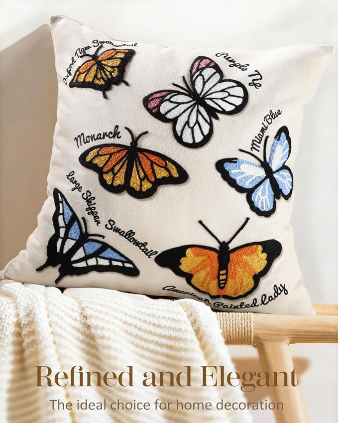Animal Embroidered Throw Pillow Cover 18x18 Inch, Butterfly | Decorative Pillow Cover, Cottagecore Cushion Cases with Hidden Zipper, Farmhouse Decor for Couch, Sofa, Living Room