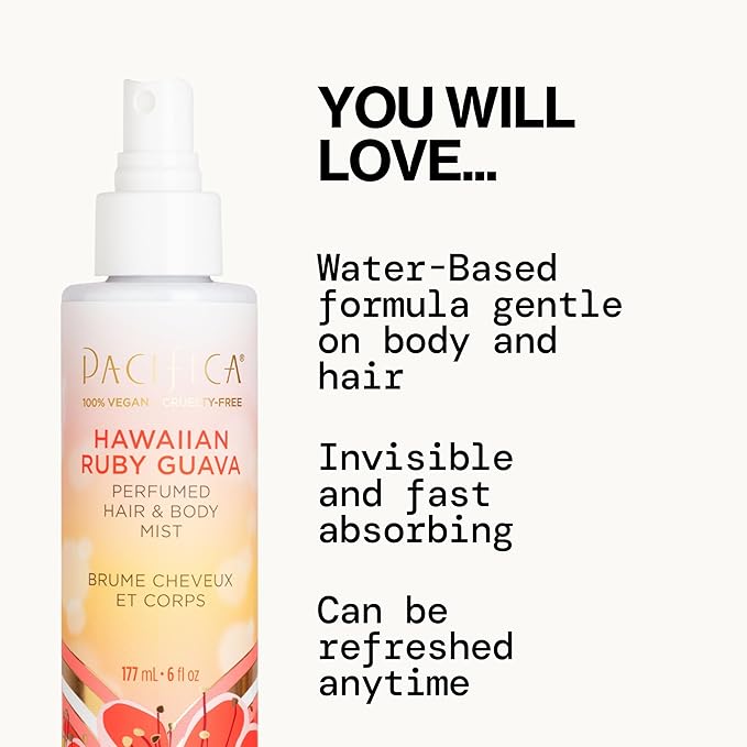 Pacifica Hawaiian Ruby Guava Hair Perfume & Body Fragrance Spray Mist - Body Mist Fragrance w/Grapefruit, Patchouli, Sugar Notes & Geranium Clean Beauty Alcohol-Free, Vegan & Cruelty-Free, 6 oz
