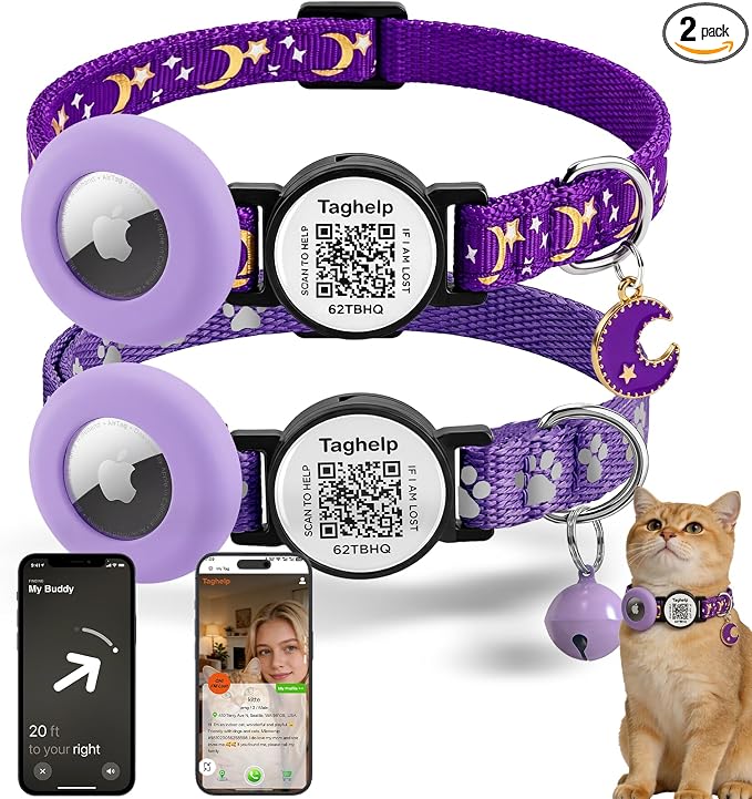 2 Pack Airtag Cat Collar, Breakaway Cat Airtag with Smart ID tag & QR Code Reflective (Star Moon & Paw Pattern - Purple, with Integrated AirTag Holder)