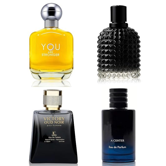 A CENTER Men's Cologne Include 4 Variety Pack Perfume Gift Set- 3.4 Fl Oz Each Eau De Parfume Tobacco,Musk,Woody,Masculine Scent Long Lasting Fragrance(MilanoMR&Salva&YRStronger&VictorNo)
