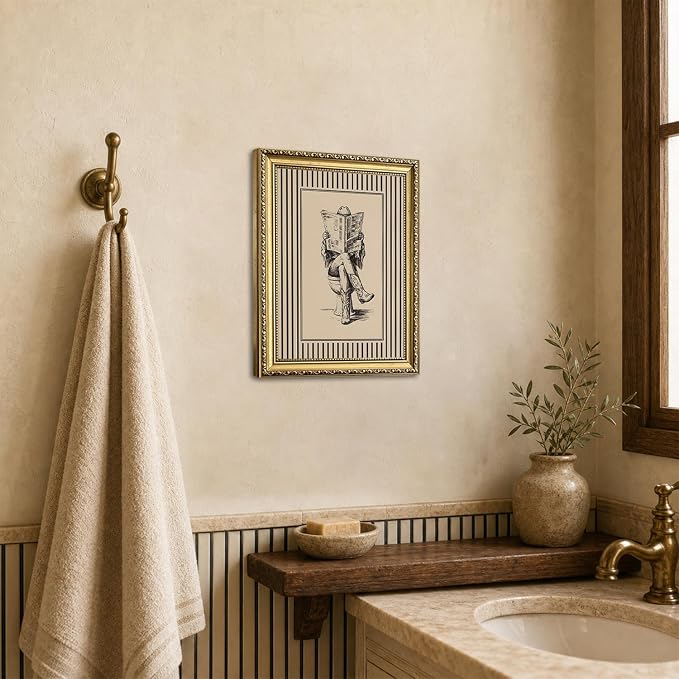Gold Framed Funny Cowgirl Bathroom Wall Art Western Cowgirl Reading Newspaper on Toilet Wall Decor, Farmhous Vintage Cowboy Bathroom Poster Canvas Painting Print Picture 12x16 inch