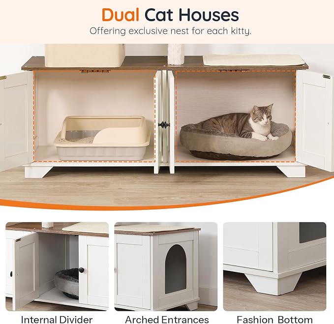 HOOBRO Double Litter Box Enclosure with Cat Tree, 45.3" L x 17.7" W x 68.9" H All-in-One Modern Cat Tower with Bed, Hidden Litter Box Enclosure Furniture, with Hammock, Sisal Posts, White WH22MZ03