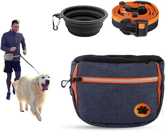 Pet Dog Treat Pouch Waist Bag, Auto Closing Waterproof Oxford Adjustable Training Belt Bags with Poop Bag Dispenser + Dog Collapsible Bowl for Dog Cat Running, Walking, Feeding (Blue)