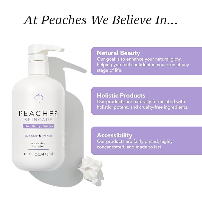Peaches Skin Care Body Butter with Shea and Mango Butter – Rich Hydrating Formula for Soft, Smooth-Looking Skin – Daily Body Care for Men and Women, Lavender & Vanilla Scent, 16 oz