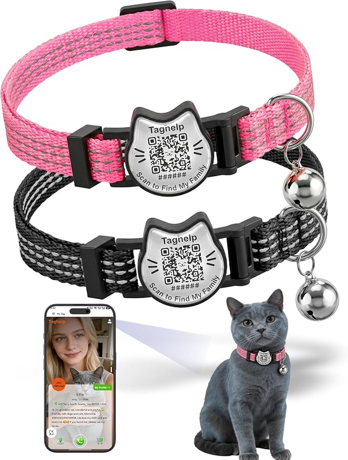 Breakaway Cat Collar with QR Code Tag and Bell (Black & Rose red) | Reflective Nylon, Quick-Release Buckle