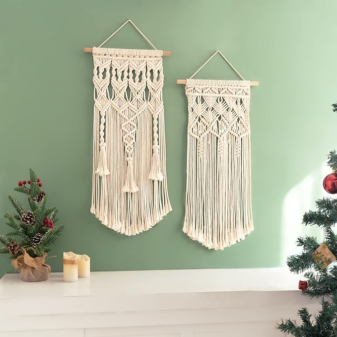 Mkono 2 Pcs Macrame Wall Hanging, Boho Woven Chic Tapestry Decor, Ivory | 28"L x 13"W, Bohemian Wall Decor, Hand-Woven Craft, Multi-Scene, Bedroom Nursery Living Room Apartment, Girls Adults Gift