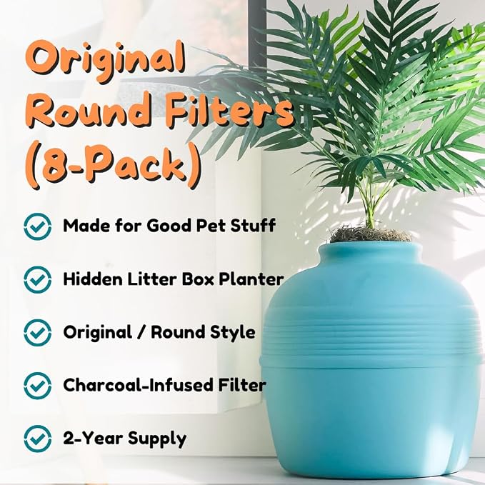 Good Pet Stuff Replacement Carbon Odor Control Filters for Hidden Litter Box Planter, Original Round Shape, Easy to Install, Odorless, Absorbs Smells, Sunlight Activated Charcoal Infused, 8 Pack