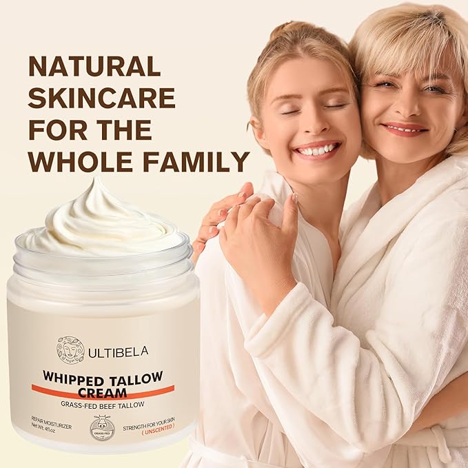 100% Grass-Fed Handmade Beef Tallow for Skin Care, Whipped Tallow and Honey Balm for Body ＆ Face Natural Body Cream for Dry & Sensitive Skin, 4OZ (Unscented)