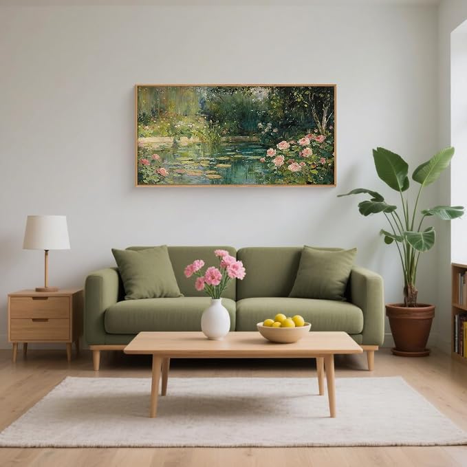 FWIEXA Monet Floral Framed Canvas Wall Art Set, Impressionist Botanical Garden Wall Decor, Vintage Ponds Tree Plant Artwork, Nature Landscape Prints, 20x40 Inches Pictures for for Living Room, Bedroom