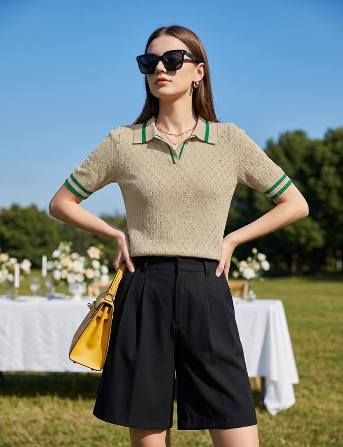 Rapbin Womens Short Sleeve Knit Polo Shirts Summer Spring Sweater Tops | Classic V Neck Collared Shirts Lightweight Business Casual Basic Fashion Pullover Polo Sweater for Work Formal Daily Wear