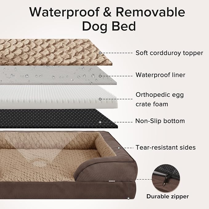 Jumbo Orthopedic Dog Bed for Extra Large Dogs, Waterproof, Egg-Crate Foam Dog Couch Bed with Washable Removable Cover, Waterproof Lining and Nonskid Bottom